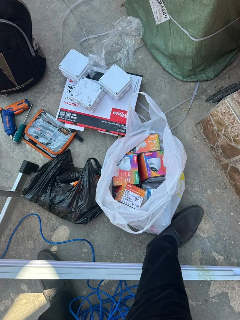 Camera equipment, junction boxes, cabling and tools prepared for the four-camera installation