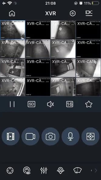 Mobile viewing application showing sixteen configured camera channels