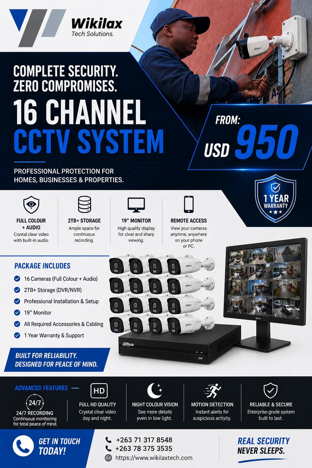 Wikilax Tech 16 Channel CCTV System package with sixteen full-colour audio cameras, 2TB plus storage, monitor, accessories and professional installation from USD 950