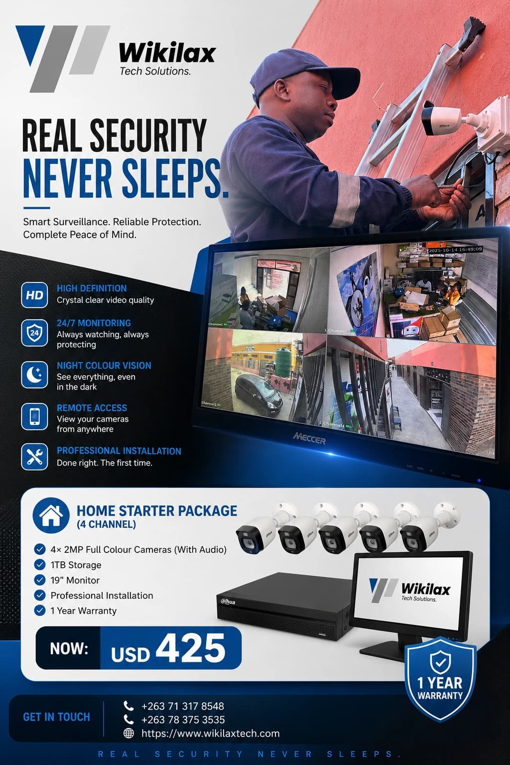 Wikilax Tech Home Starter 4 Channel CCTV System package with four full-colour audio cameras, 1TB storage, monitor and professional installation for USD 425