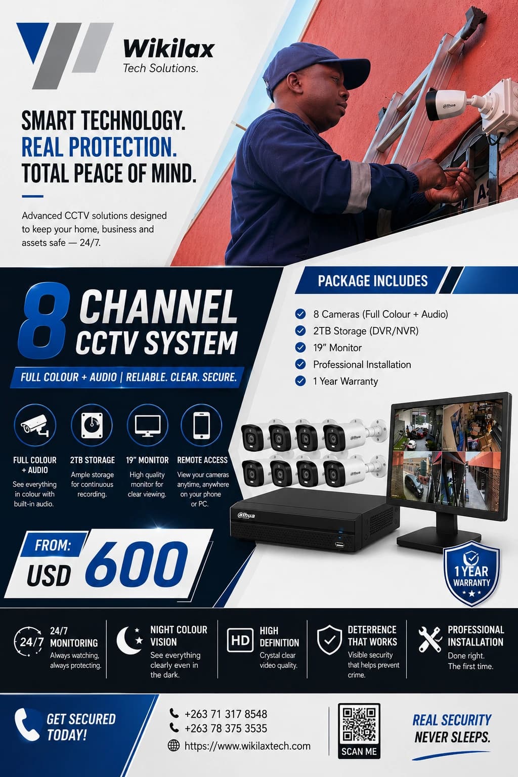 Wikilax Tech 8 Channel CCTV System package with eight full-colour audio cameras, 2TB storage, monitor and professional installation from USD 600