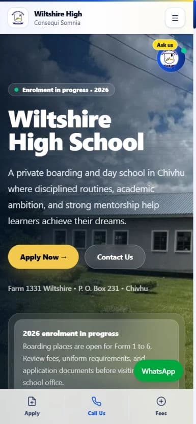 Mobile homepage view of the live Wiltshire High School website at 390 pixels wide